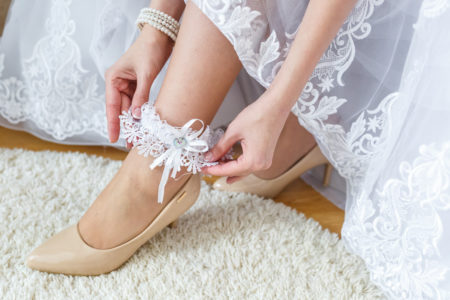 Lace wedding dress and matching garter