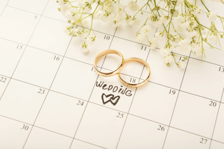 Gold wedding rings on calendar