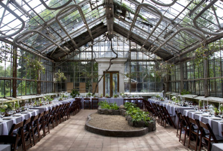 Beautiful served wedding table with decor as candles, flower arrangements and bird nests in the greenhouse. Banquet dinner party