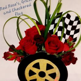 Racing-themed flower arrangement