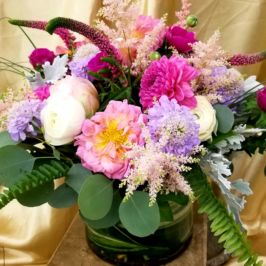 Bouquet of purple and pink flowers and greenery