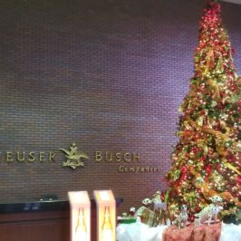 Tall lit Christmas tree in front of Anheuser Busch