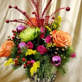 Bouquet of bright flowers and decorative elements
