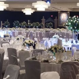 Wedding reception with white floral decor