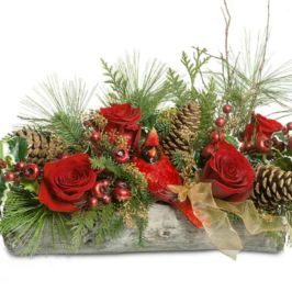Winter arrangement of red roses, greenery and pine cones